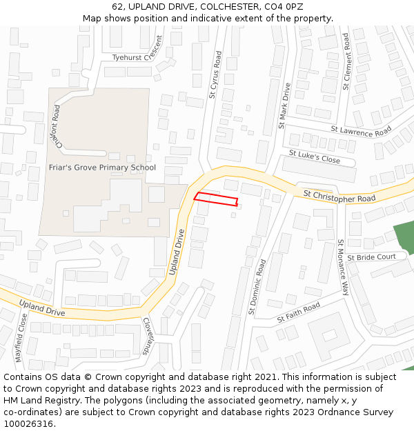 62, UPLAND DRIVE, COLCHESTER, CO4 0PZ: Location map and indicative extent of plot