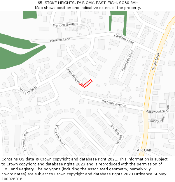 65, STOKE HEIGHTS, FAIR OAK, EASTLEIGH, SO50 8AH: Location map and indicative extent of plot