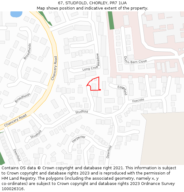67, STUDFOLD, CHORLEY, PR7 1UA: Location map and indicative extent of plot