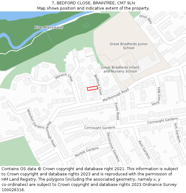 7, BEDFORD CLOSE, BRAINTREE, CM7 9LN: Location map and indicative extent of plot