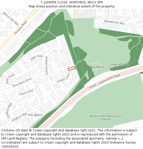 7, JUNIPER CLOSE, WORTHING, BN13 3PR: Location map and indicative extent of plot