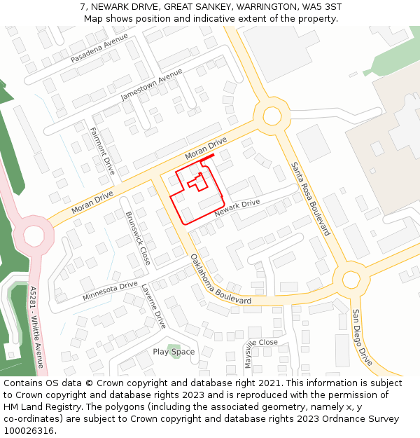 7, NEWARK DRIVE, GREAT SANKEY, WARRINGTON, WA5 3ST: Location map and indicative extent of plot