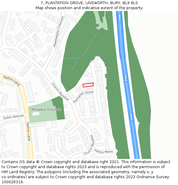 7, PLANTATION GROVE, UNSWORTH, BURY, BL9 8LS: Location map and indicative extent of plot