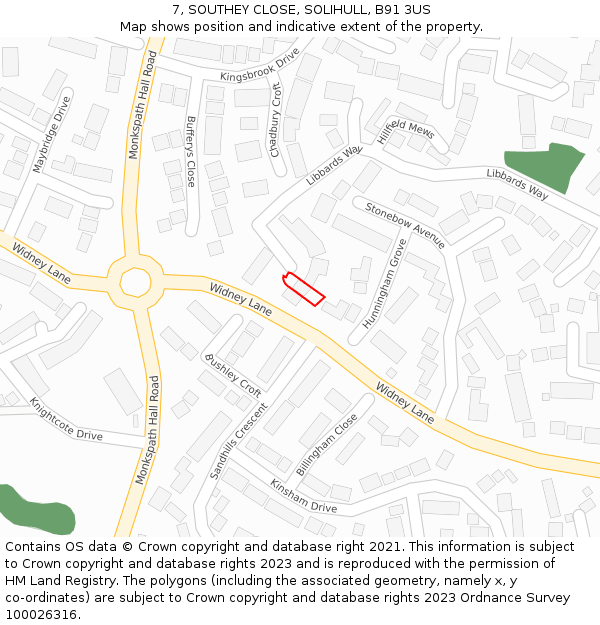 7, SOUTHEY CLOSE, SOLIHULL, B91 3US: Location map and indicative extent of plot