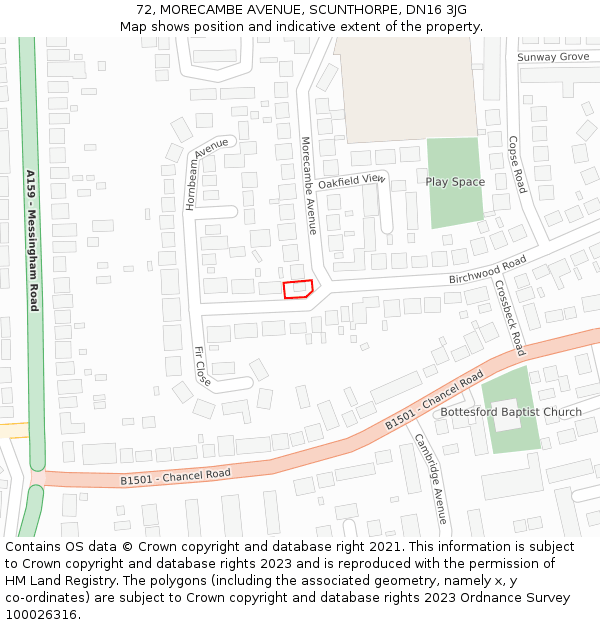 72, MORECAMBE AVENUE, SCUNTHORPE, DN16 3JG: Location map and indicative extent of plot