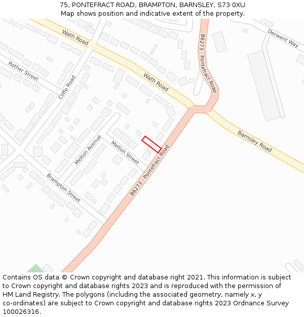 75, PONTEFRACT ROAD, BRAMPTON, BARNSLEY, S73 0XU: Location map and indicative extent of plot
