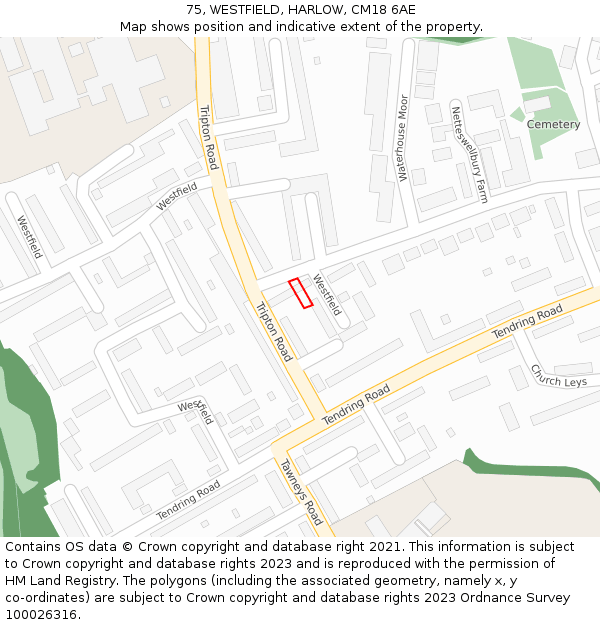 75, WESTFIELD, HARLOW, CM18 6AE: Location map and indicative extent of plot