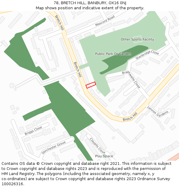 78, BRETCH HILL, BANBURY, OX16 0NJ: Location map and indicative extent of plot