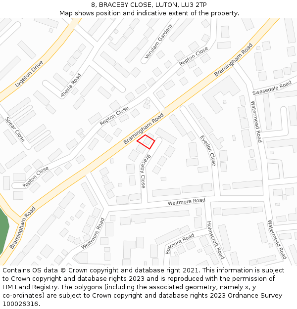 8, BRACEBY CLOSE, LUTON, LU3 2TP: Location map and indicative extent of plot