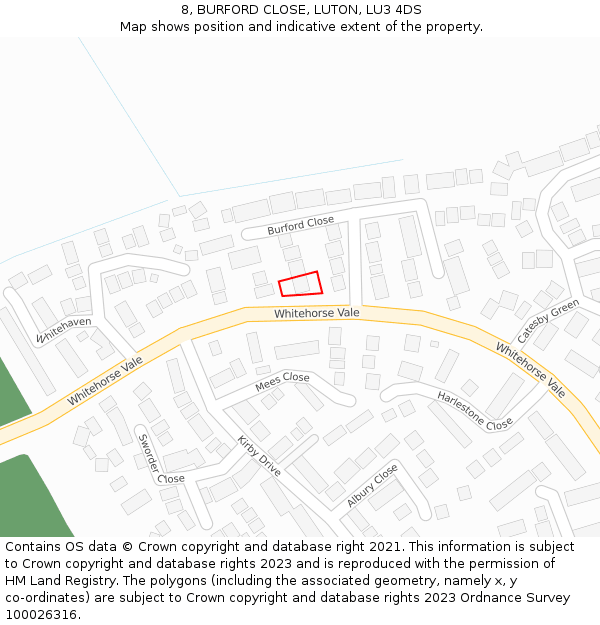 8, BURFORD CLOSE, LUTON, LU3 4DS: Location map and indicative extent of plot