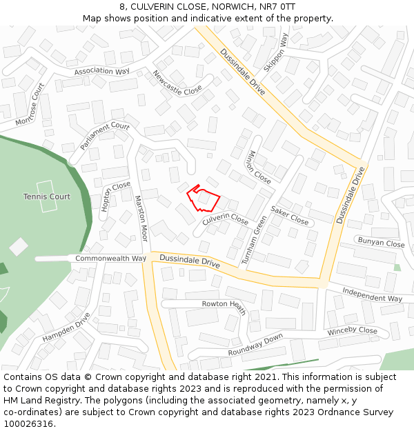 8, CULVERIN CLOSE, NORWICH, NR7 0TT: Location map and indicative extent of plot