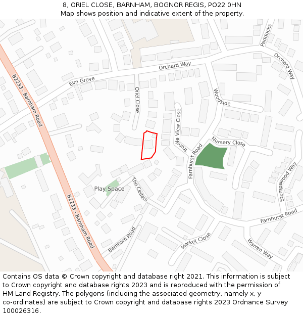 8, ORIEL CLOSE, BARNHAM, BOGNOR REGIS, PO22 0HN: Location map and indicative extent of plot