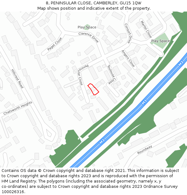 8, PENINSULAR CLOSE, CAMBERLEY, GU15 1QW: Location map and indicative extent of plot