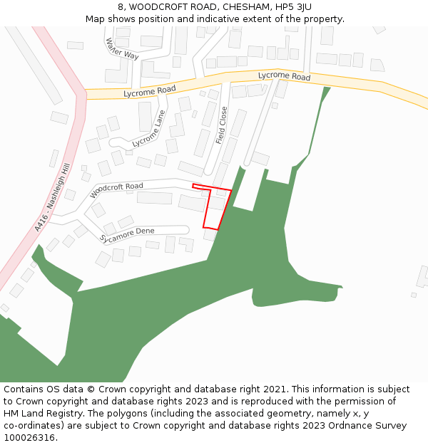 8, WOODCROFT ROAD, CHESHAM, HP5 3JU: Location map and indicative extent of plot