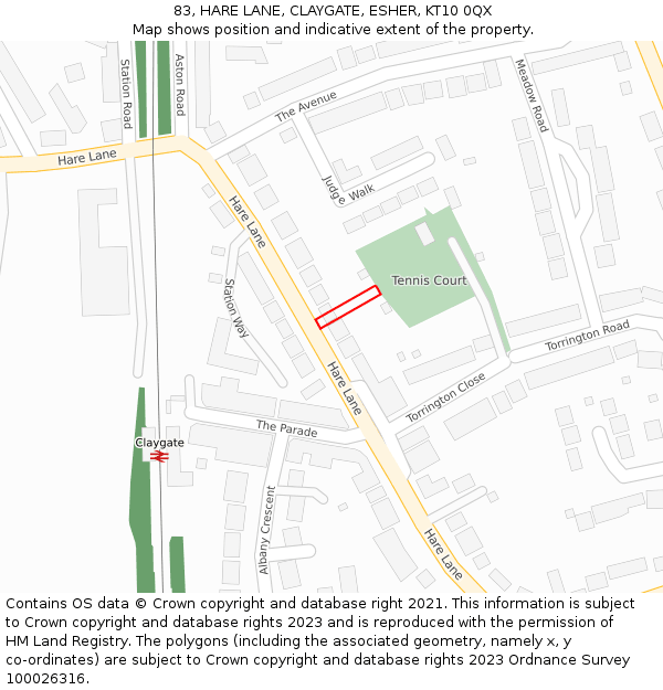 83, HARE LANE, CLAYGATE, ESHER, KT10 0QX: Location map and indicative extent of plot
