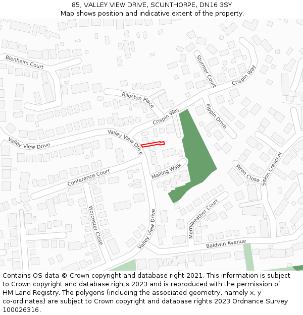 85, VALLEY VIEW DRIVE, SCUNTHORPE, DN16 3SY: Location map and indicative extent of plot