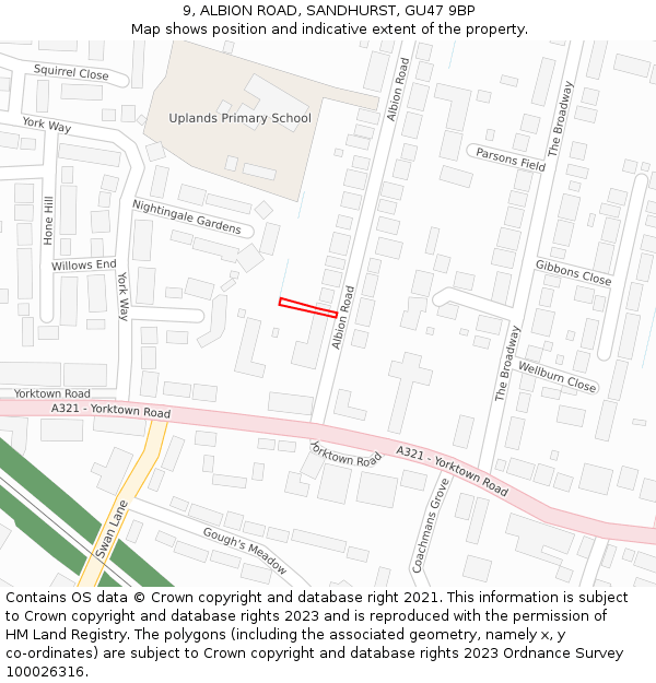 9, ALBION ROAD, SANDHURST, GU47 9BP: Location map and indicative extent of plot