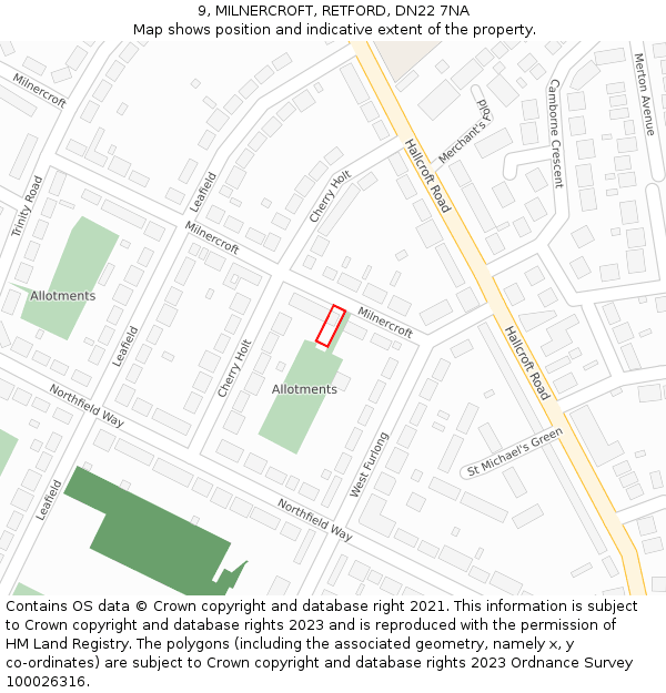 9, MILNERCROFT, RETFORD, DN22 7NA: Location map and indicative extent of plot