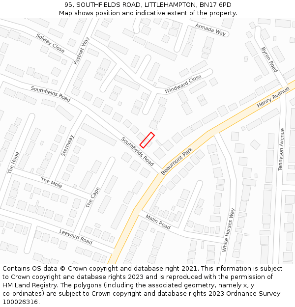 95, SOUTHFIELDS ROAD, LITTLEHAMPTON, BN17 6PD: Location map and indicative extent of plot