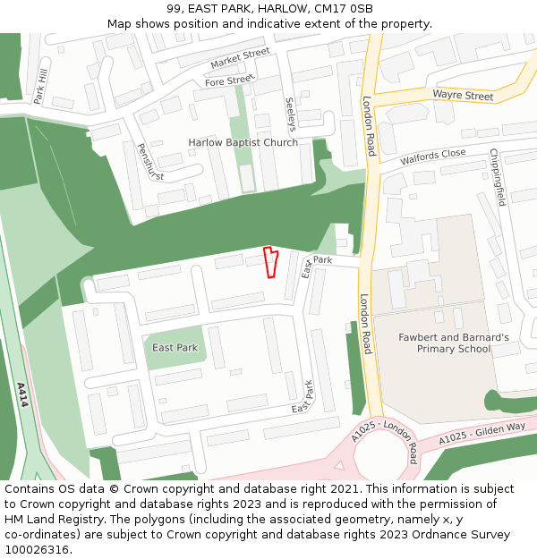 99, EAST PARK, HARLOW, CM17 0SB: Location map and indicative extent of plot