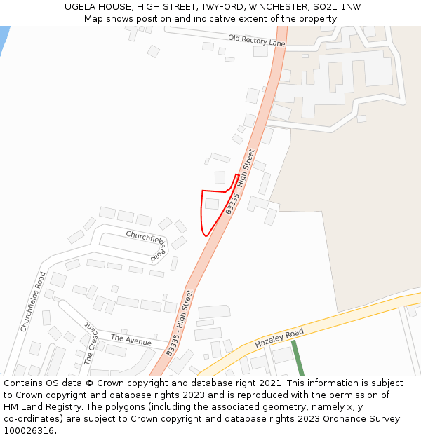 TUGELA HOUSE, HIGH STREET, TWYFORD, WINCHESTER, SO21 1NW: Location map and indicative extent of plot