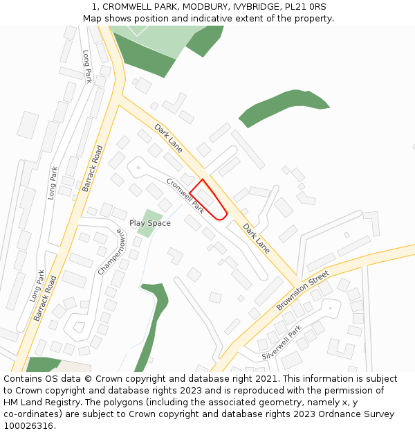 1, CROMWELL PARK, MODBURY, IVYBRIDGE, PL21 0RS: Location map and indicative extent of plot