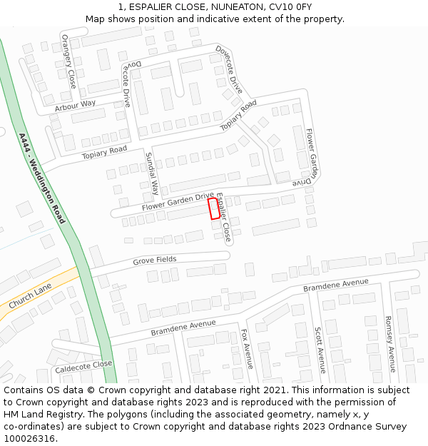 1, ESPALIER CLOSE, NUNEATON, CV10 0FY: Location map and indicative extent of plot