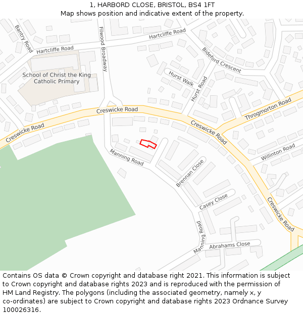 1, HARBORD CLOSE, BRISTOL, BS4 1FT: Location map and indicative extent of plot