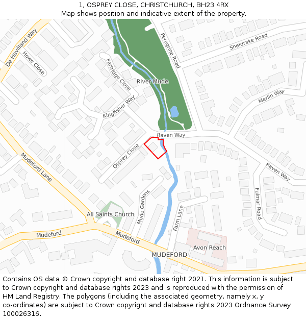 1, OSPREY CLOSE, CHRISTCHURCH, BH23 4RX: Location map and indicative extent of plot