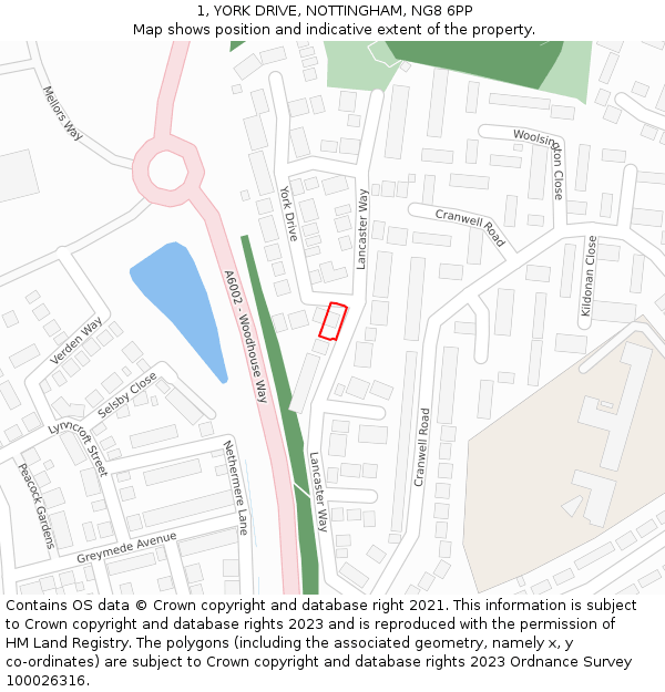 1, YORK DRIVE, NOTTINGHAM, NG8 6PP: Location map and indicative extent of plot