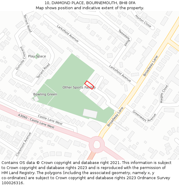 10, DIAMOND PLACE, BOURNEMOUTH, BH8 0FA: Location map and indicative extent of plot