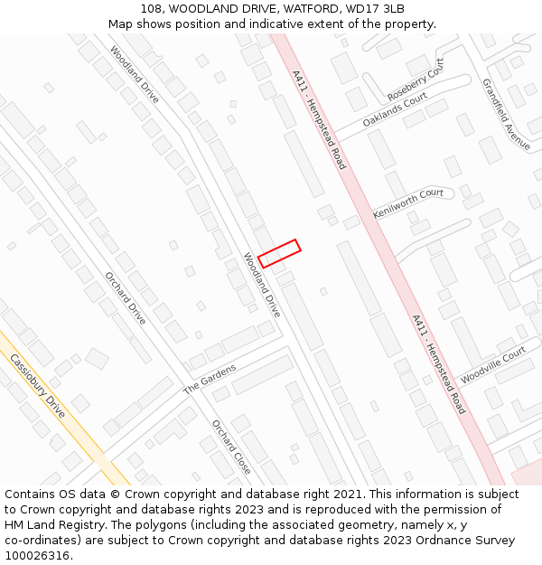 108, WOODLAND DRIVE, WATFORD, WD17 3LB: Location map and indicative extent of plot