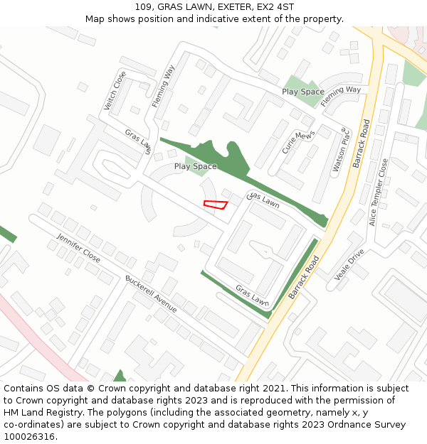 109, GRAS LAWN, EXETER, EX2 4ST: Location map and indicative extent of plot