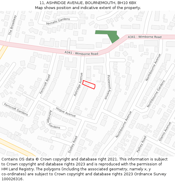 11, ASHRIDGE AVENUE, BOURNEMOUTH, BH10 6BX: Location map and indicative extent of plot
