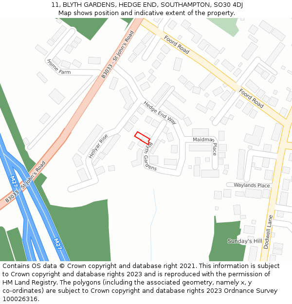 11, BLYTH GARDENS, HEDGE END, SOUTHAMPTON, SO30 4DJ: Location map and indicative extent of plot