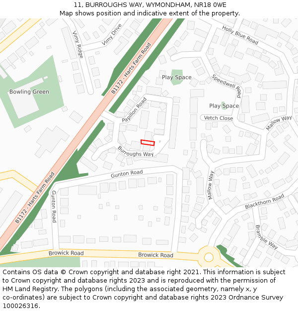 11, BURROUGHS WAY, WYMONDHAM, NR18 0WE: Location map and indicative extent of plot