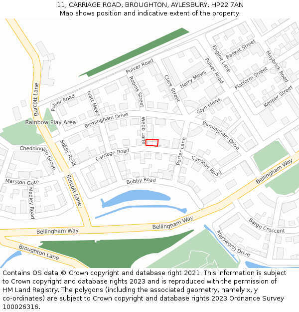 11, CARRIAGE ROAD, BROUGHTON, AYLESBURY, HP22 7AN: Location map and indicative extent of plot