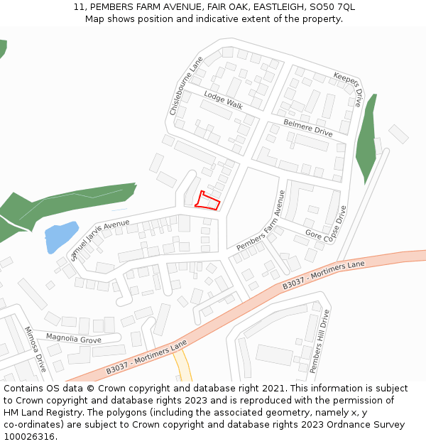 11, PEMBERS FARM AVENUE, FAIR OAK, EASTLEIGH, SO50 7QL: Location map and indicative extent of plot