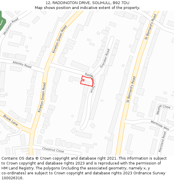 12, RADDINGTON DRIVE, SOLIHULL, B92 7DU: Location map and indicative extent of plot