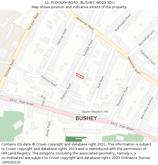 12, RUDOLPH ROAD, BUSHEY, WD23 3DU: Location map and indicative extent of plot