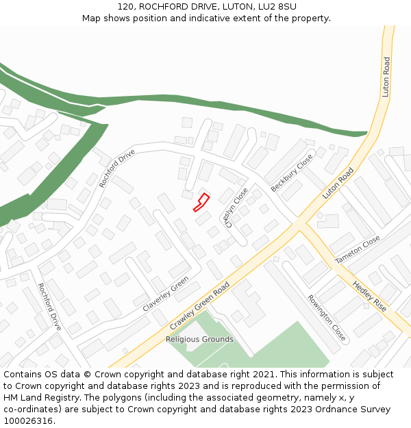 120, ROCHFORD DRIVE, LUTON, LU2 8SU: Location map and indicative extent of plot