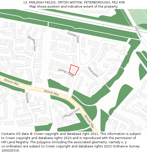 13, FARLEIGH FIELDS, ORTON WISTOW, PETERBOROUGH, PE2 6YB: Location map and indicative extent of plot