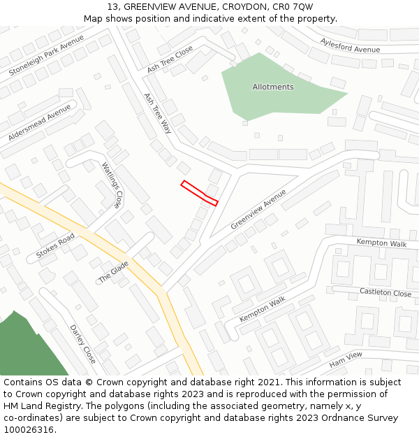 13, GREENVIEW AVENUE, CROYDON, CR0 7QW: Location map and indicative extent of plot