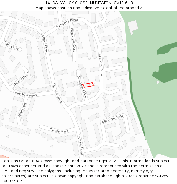 14, DALMAHOY CLOSE, NUNEATON, CV11 6UB: Location map and indicative extent of plot
