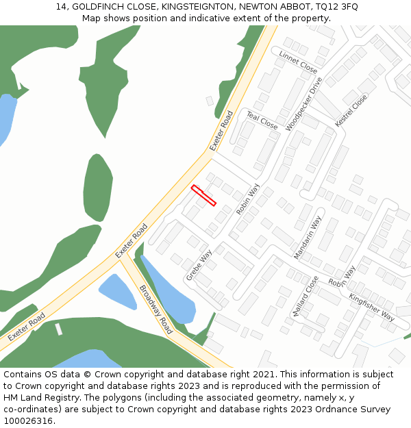 14, GOLDFINCH CLOSE, KINGSTEIGNTON, NEWTON ABBOT, TQ12 3FQ: Location map and indicative extent of plot