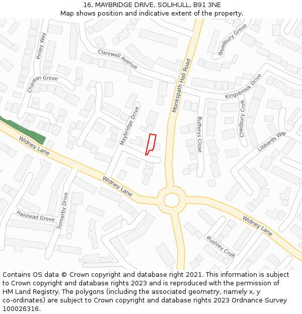 16, MAYBRIDGE DRIVE, SOLIHULL, B91 3NE: Location map and indicative extent of plot