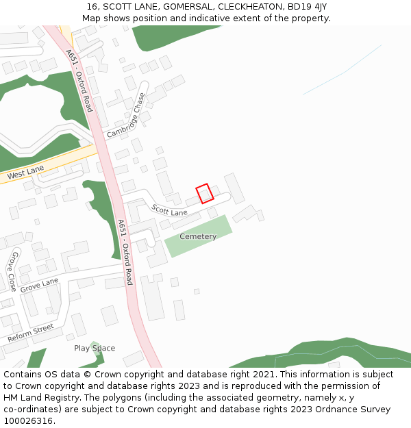 16, SCOTT LANE, GOMERSAL, CLECKHEATON, BD19 4JY: Location map and indicative extent of plot