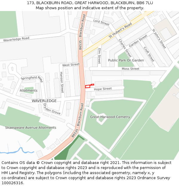 173, BLACKBURN ROAD, GREAT HARWOOD, BLACKBURN, BB6 7LU: Location map and indicative extent of plot