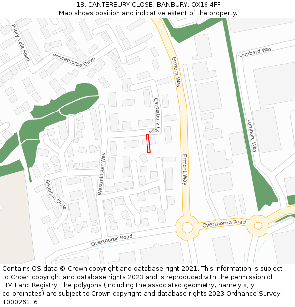 18, CANTERBURY CLOSE, BANBURY, OX16 4FF: Location map and indicative extent of plot