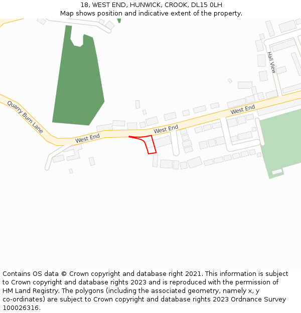 18, WEST END, HUNWICK, CROOK, DL15 0LH: Location map and indicative extent of plot